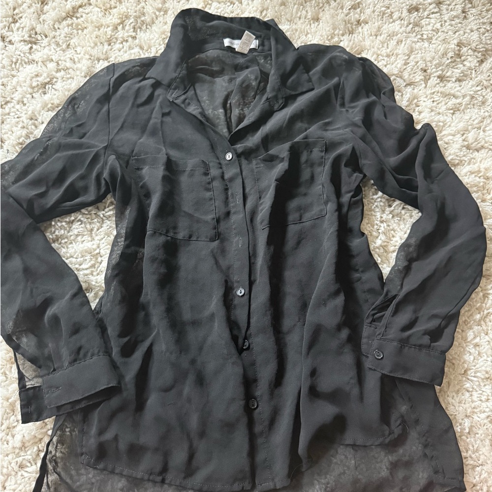 Ambiance Apparel Black button down simple, casual, Sheer Top